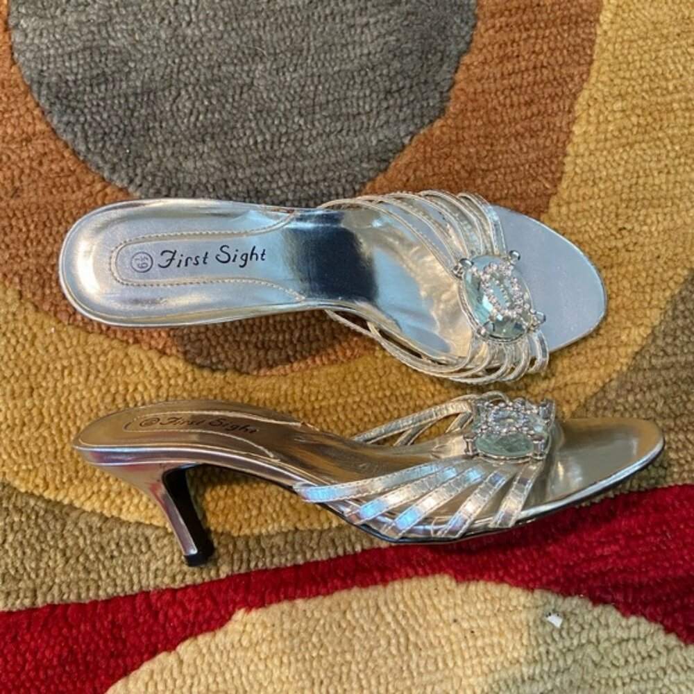 First Sight Silver Rhinestone Dressy Fancy Formal Low Heels Sandals Size 6.5